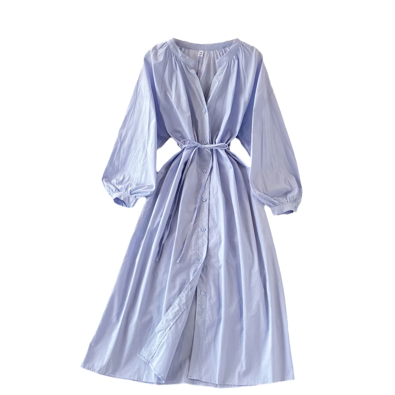 

Kimutomo Solid Elegant Dress Women Autumn 2021 Korea Fashion Ladies V-neck Single Breasted Lace Up Puff Sleeve Midi Vestidos