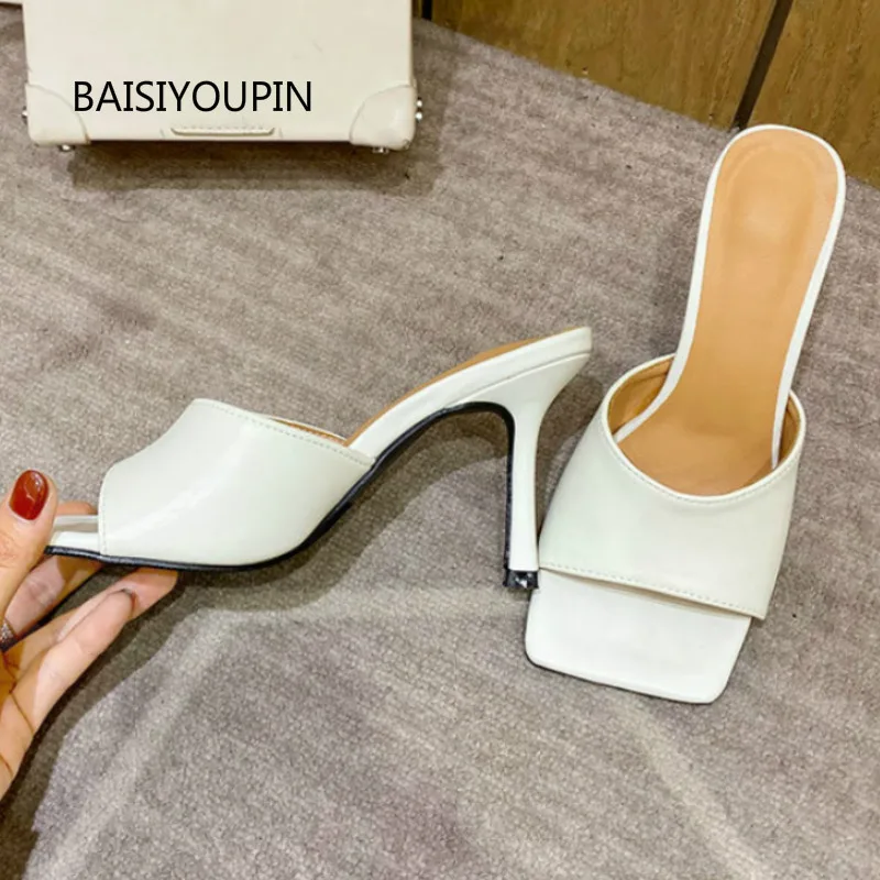 

New Women Slippers Catwalk Concise Summer Pumps Shoes Square Head Solid Outside Shallow Thin Heels High (5cm-8cm) Female Slides