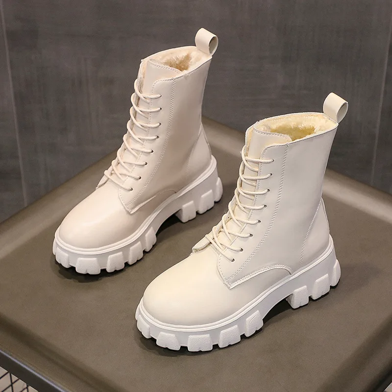 

Chunky Platform Ankle Boots for Women 2021 Autumn Winter Warm Plush PU Leather Botas Mujer Thick Sole Lace Up Shoes Woman