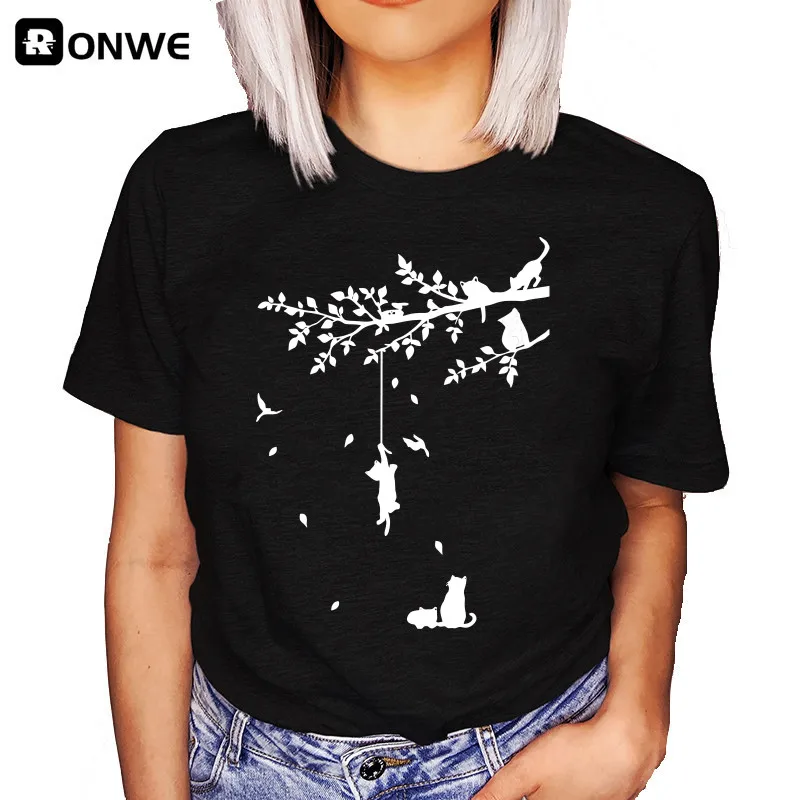 Женские графической печати Мода рисунок с котом 90s одежда футболки короткими