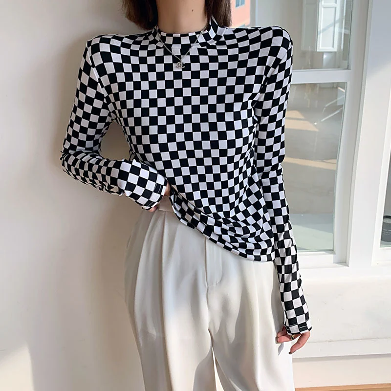 Черно-белая клетчатая женская футболка с длинным рукавом Новинка осени 2021