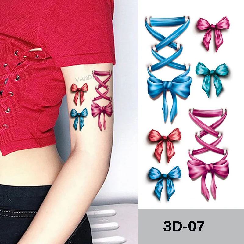 10x Nice 3D Body Art Sleeve Arm Hand Stickers Glitter Temporary Tattoos Small Bowknot Bows Waterproof For Painting Gift | Красота и