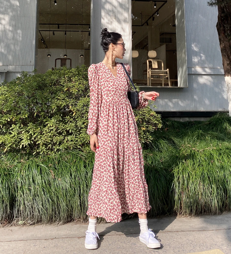 

Spring Summer French Gentle Women Dress Korean Retro V-neck Ruffled Floral Dress