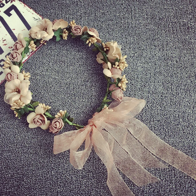 Flower Crown Wreath Bride Headpiece with Ribbon Handmade Headband Garland Girls Fairy Tiaras Wedding Hair Accessories Jewelry