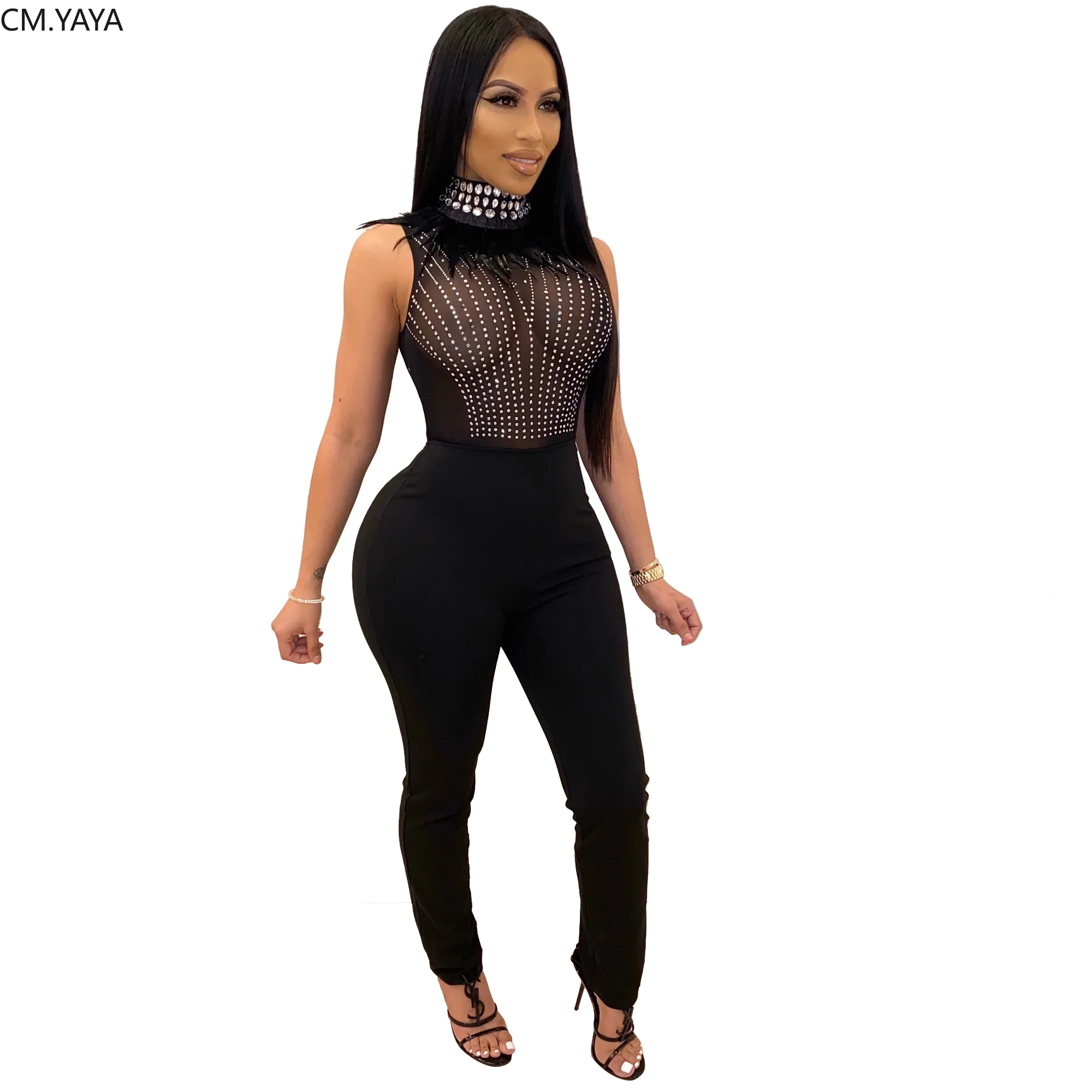 2020 зимние женские сетчатые комбинезоны с перьями одежда длинным рукавом