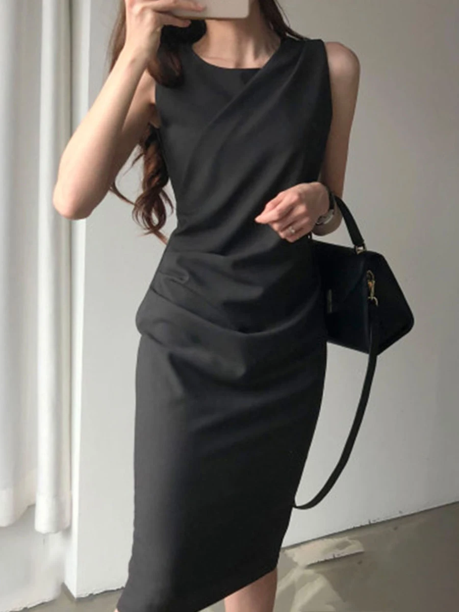 

Sexy Bodycon Korean Dress Women Elegant Draped Split Fashion New Sleeveless High Waist Black Office Casual Summer Dresses Female