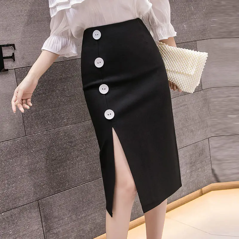 

2020 New Summer Women Elegant Solid High Waist Pencil Package Hip Step Skirt Ladies Knee-Length Casual Button Slit OL Skirt Z127