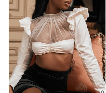 

Летний женский сексуальный Модный повседневный облегающий Топ с длинным рукавом, рубашка с ложным воротником и оборками, укороченный прозр...
