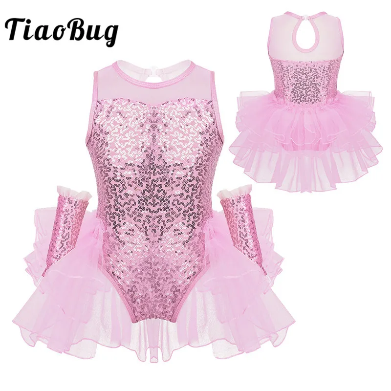 

Kids Girls Sequins Tulle Splice Ruffled Mesh Gymnastics Leotard Ballet Figure Skating Dress with Wrist Sleeves Dancewear Costume