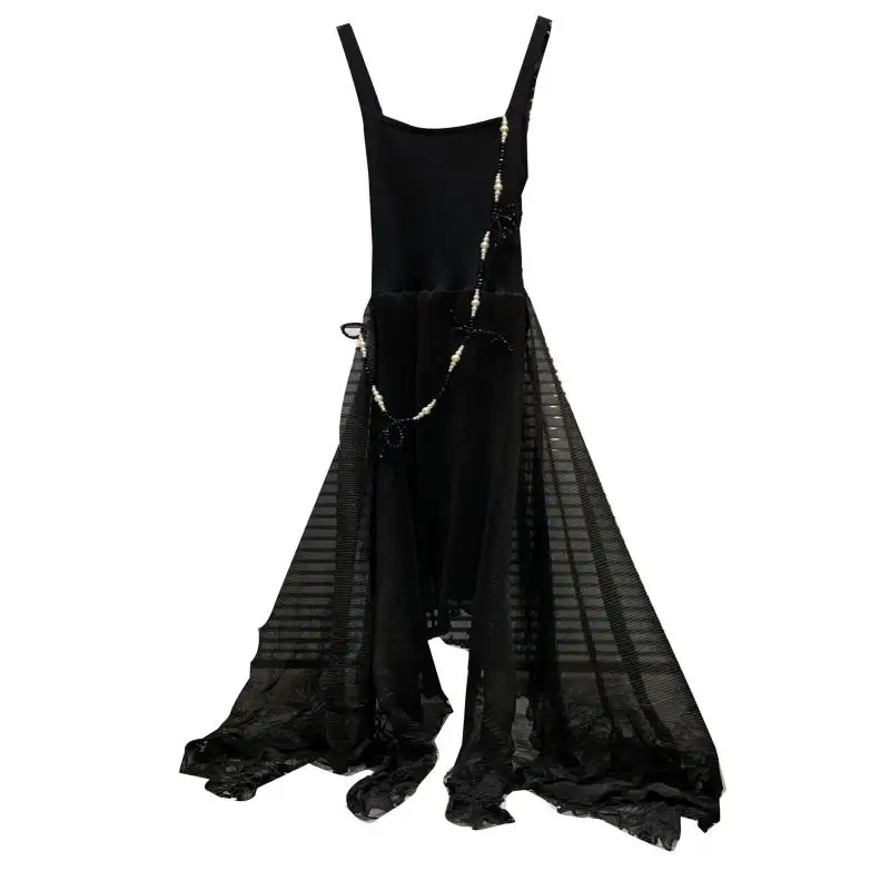 

2021 Summer Women Dress New Dark Black Pearl Chain Decorative Mesh Princess Vest Dress