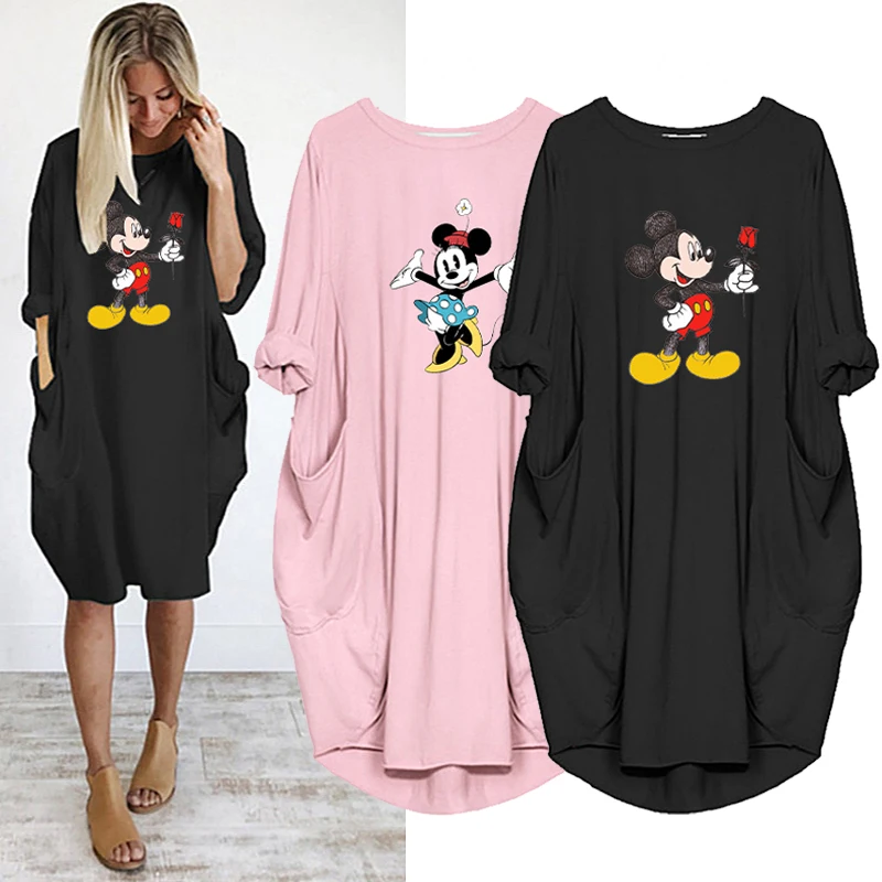 

Disney Loose Dresses for Women Minnie Mickey Print Autumn Vintage Casual Beach Midi Dress Robes Femme Pocket Vestidos