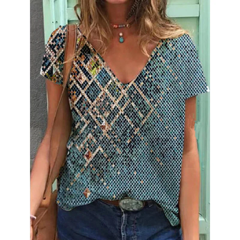 

Размера плюс женская футболка с галстуком-бабочкой, окрашенный геометрическим принтом Футболка с коротким рукавом и треугольным вырезом Уличная Повседневная модная одежда в европейском стиле, женские футболки, топы