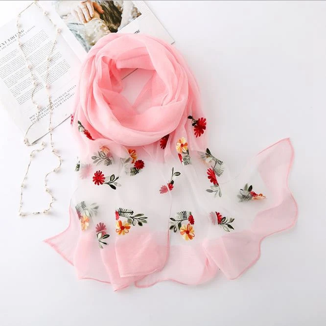 

2020 Spring Organza Jacquard Embroidery Flower Scarf Women Wraps Shawls and Scarves 180*70cm Hijabs Sunscreen Beach Cover up