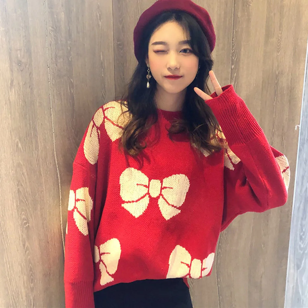 Christmas Women Sweater Santa Claus Reindeer Printed O-neck Long Sleeve Women Pullovers Winter Jumpers Knitwear Sweater