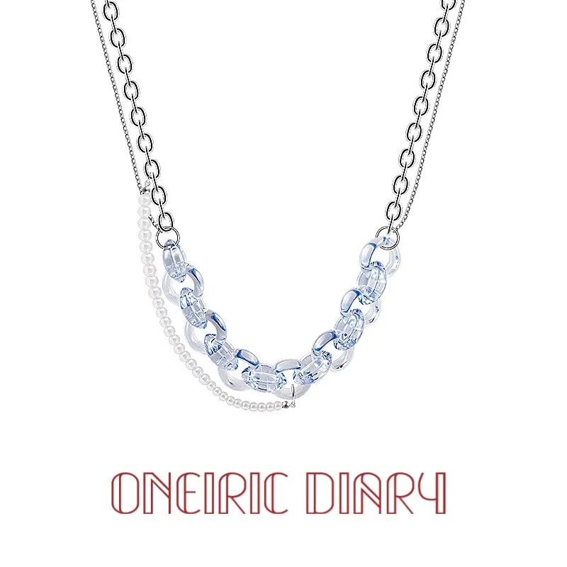 

ONEIRIC DIARY Transparent Blue Necklace Female Acrylic Pearl Chain Collarbone Chain Ins Hip-hop Versatile Neck Chain Decoration