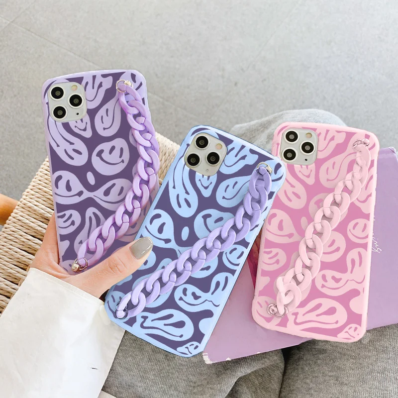 Trippy Smiley Face TPU For Xiaomi Redmi Mi Note 11 10 10T 9 9T 9S 8 7 6 POCO F3 X3 11X Pro Max 11i Lite 9C CC9e Chain Wrist Case