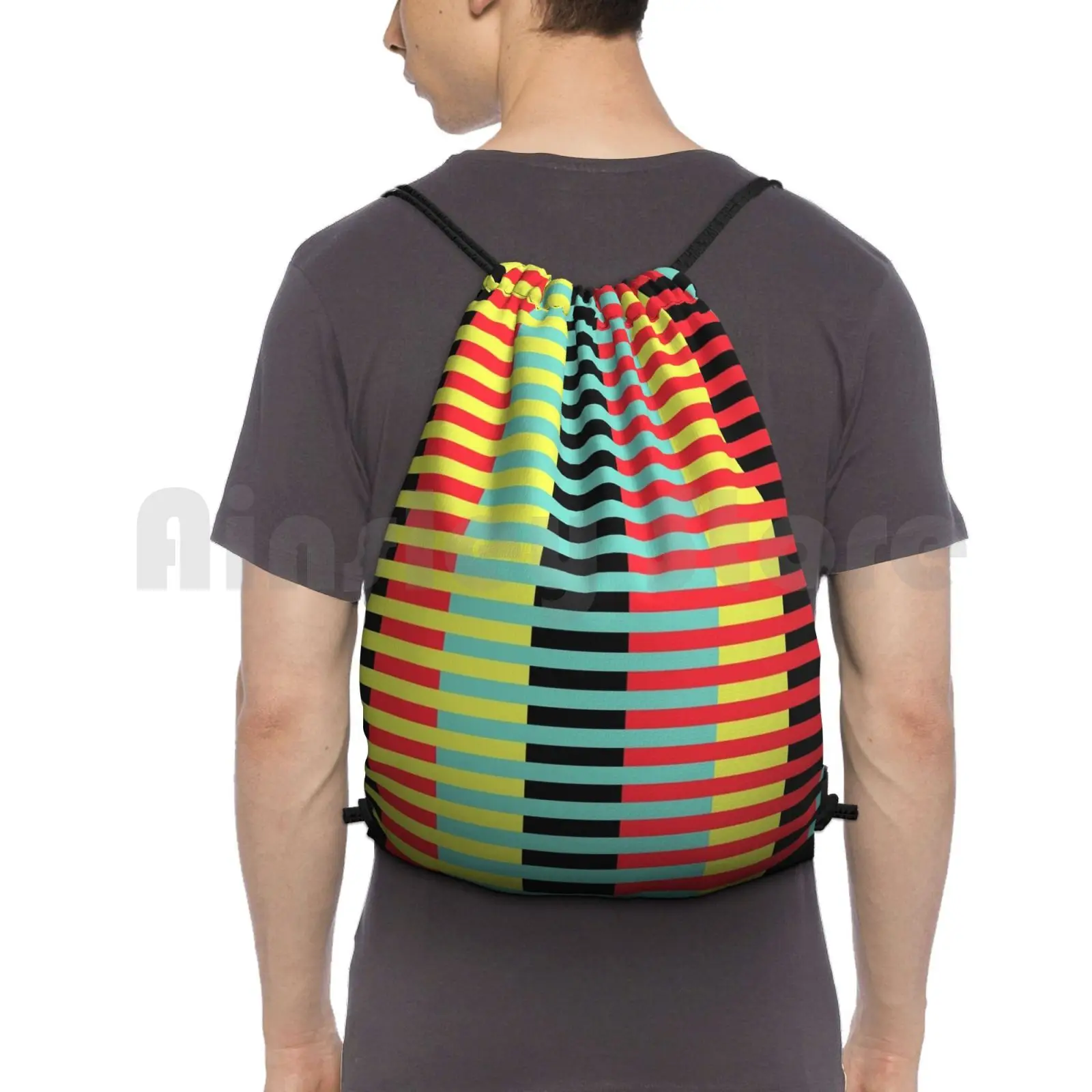 

Geometric Pattern #10 ( Stripes ) Backpack Drawstring Bags Gym Bag Waterproof Stripes Red Yellow Teal Turquoise