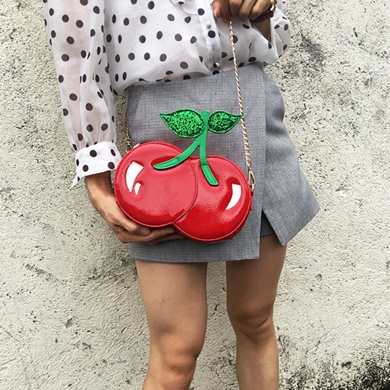 Fashion Cute Red Cherry Shoulder Bag Pu Leather Casual Chain Mini Messenger Girl'S Clutch |
