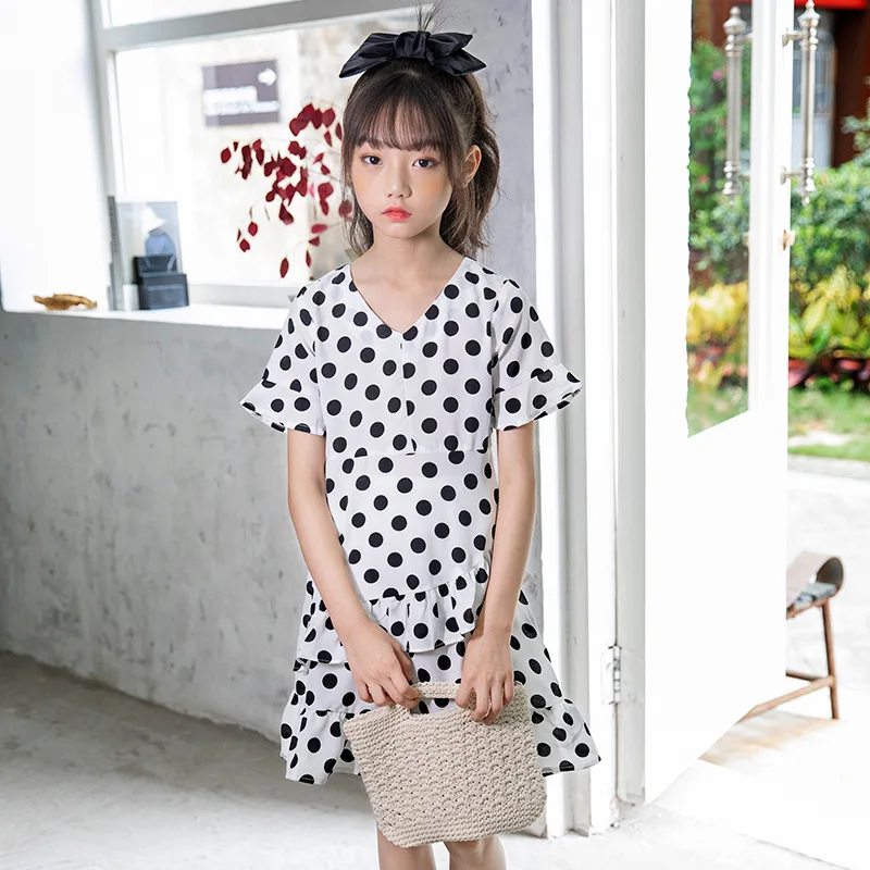 

4 To 16 Years Kids and Teen Girls Cute Dot Princess Dress Children Cotton Mid Length Casual Clothing 2021 Summer, #9411