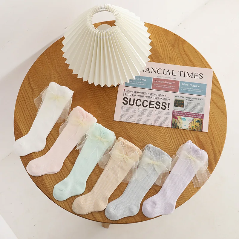 

24 пары летних носков для маленьких девочек длинные носки с кружевным бантом для малышей мягкие детские дышащие носки до колена хлопковые но...