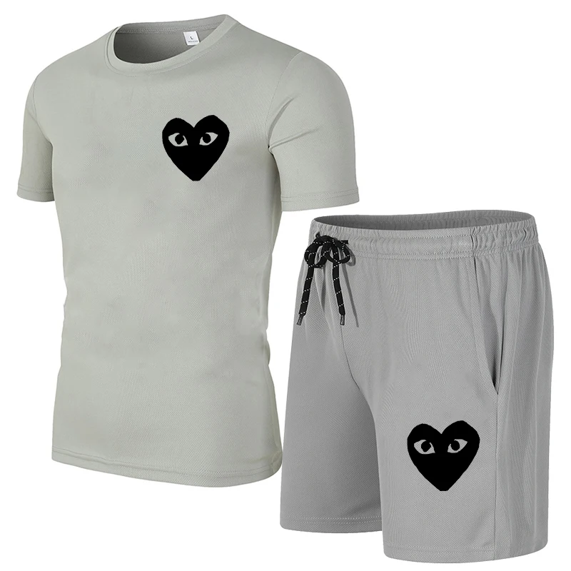 

2021 summer men's short sleeve Shorts Set mesh o-neck sportswear brand running fitness training clothes