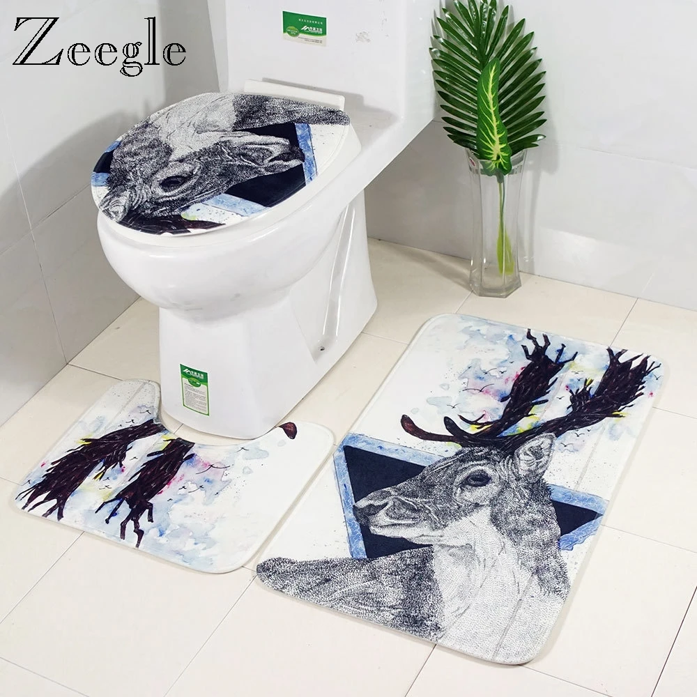 

Zeegle 3Pcs Bathroom Mat Set Non Slip Bathroom Floor Rug Absorbent Toilet Pedestal Rug Flannel Soft Foot Mat Washable Toilet Set