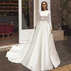 Богемное свадебное платье с вырезом лодочкой и аппликацией, из атласа, с длинными рукавами и открытой спиной