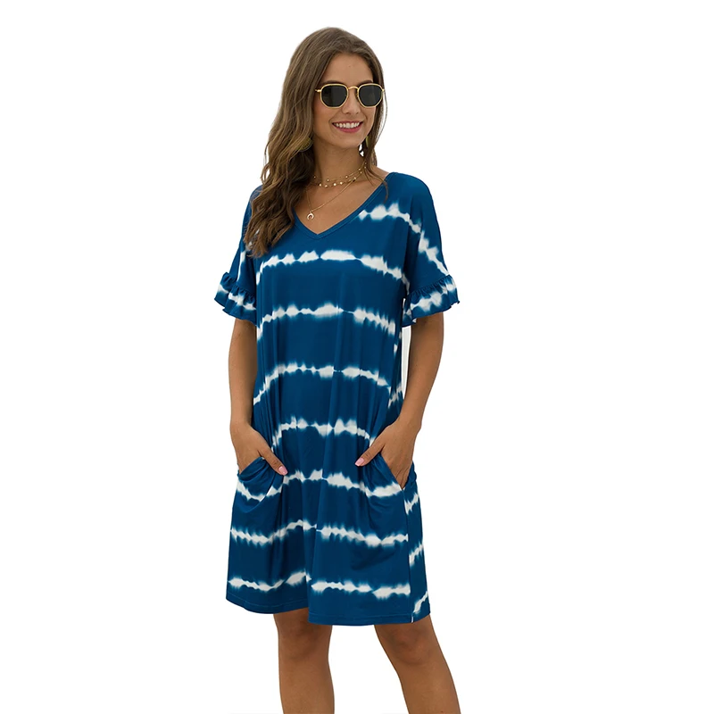 CINESSD V Neck Pocket Wavy Stripes Tie Dye Casual Dress Ruffles Short Sleeves Pullover A Line Soft Elastic Women Print Dresses | Женская