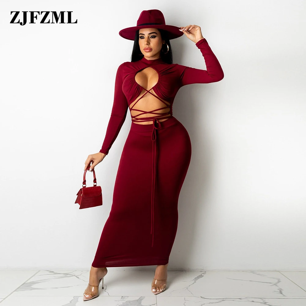 

Black Burgundy Lace Up Waist Band Cut Out Slim Dresses for Women Elegant Long Sleeve Cleavage Body-shaping Bodycon Skinny Dress