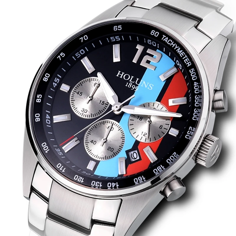 HOLUNS Mens Watches Waterproof Quartz Wristwatch Multifunctional Movement Stainless Steel Gifts For Man Sport Business Colorful | Наручные