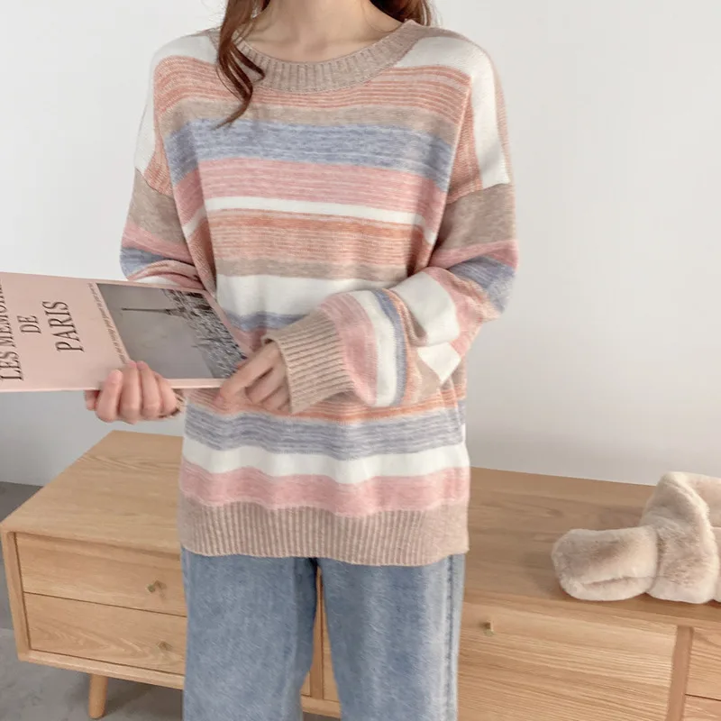 

Soft Colorful Stripe Thick Sweaters Women Autumn Winter O Neck Loose Long Sleeve Cotton 2020 Pullovers Jumper