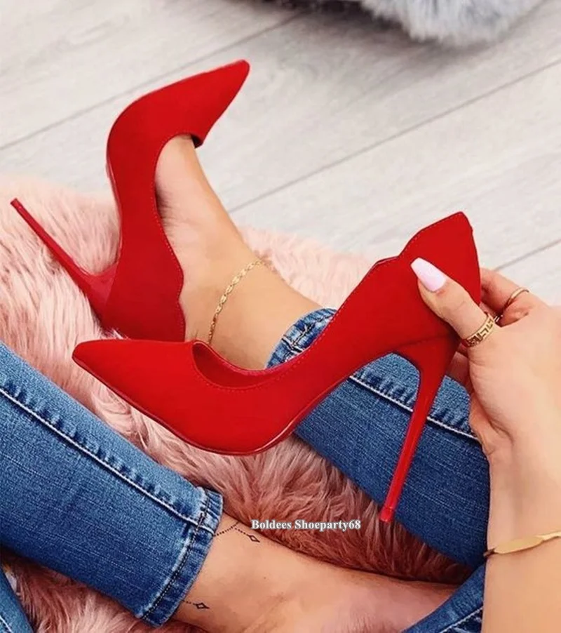

Red Bride Shoes Shipskin Leather Sexy 12cm Heeled Stilettos High Heels Pointed Toe Red Black Women Slip On Party Dress Shoes 46