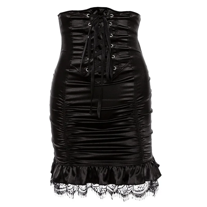 

Spring High Waist Lace Up Bandage Skinny Skirts Ruffles Lace Ruched Women Pencil Skirts Black Elegant Mini Skirt Dark Academia