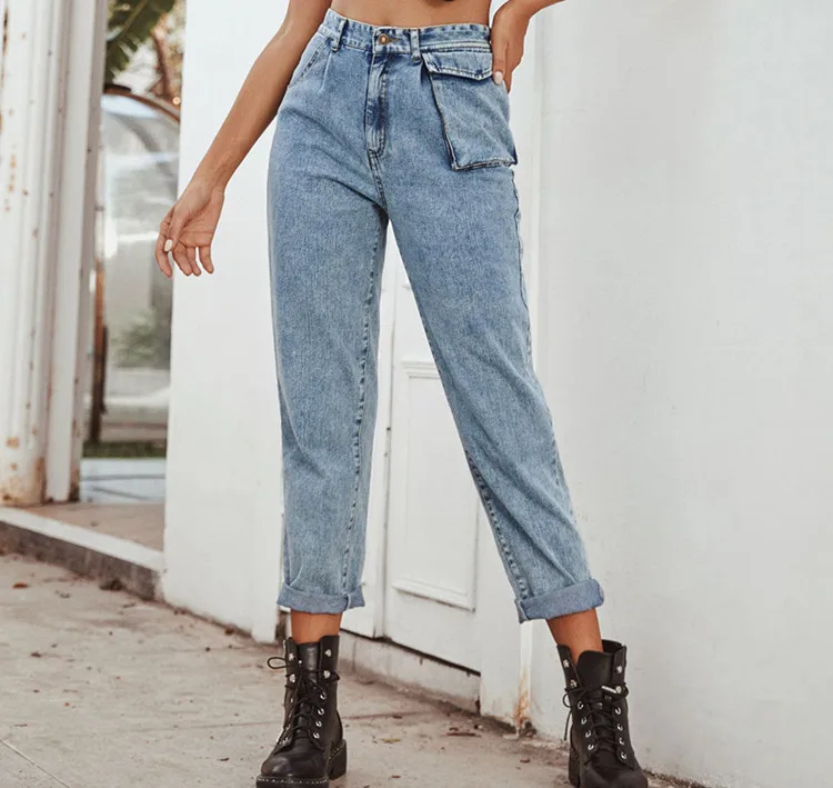 

Cotton Comfortable Jeans Straight Zipper High Waist Denim Cropped Pants Right Side Large Pocket Denim Women
