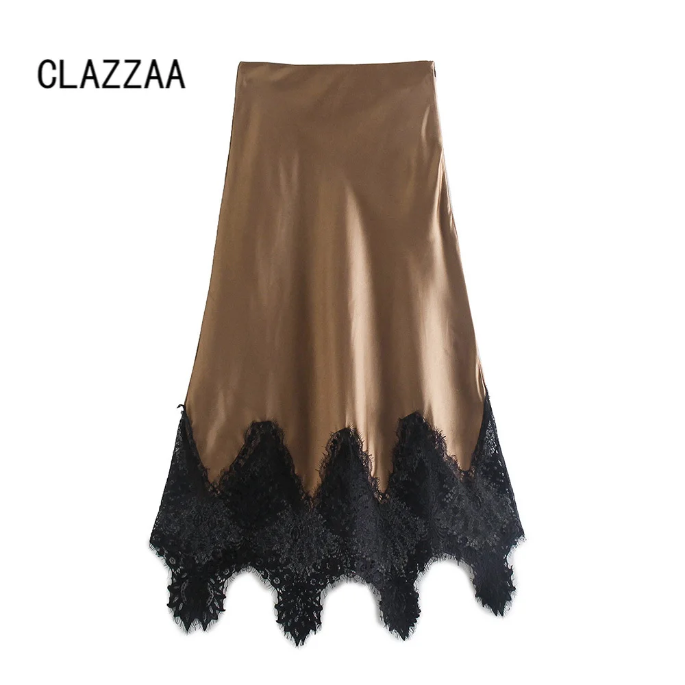 

Женская атласная Юбка-миди с кружевной отделкой и асимметричным подолом