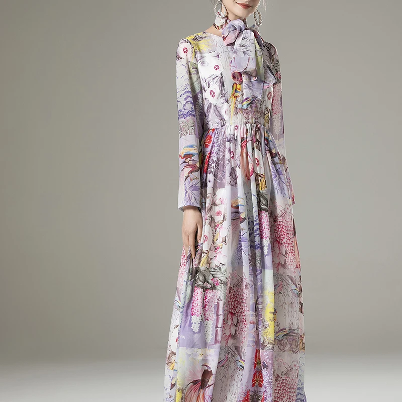 

2021 Spring New Bohemian Print Bow Knot Long Sleeve Party Slim Temperament Long Chiffon Dress High Quality Women'S Clothing