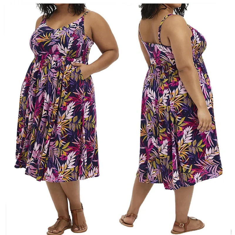 

Plus Size Dresses for Women 2021 Wholesale Flowers Print Casual Sweet Slip Maxi Dress New Fashion Street Wear Beath Dropshipping