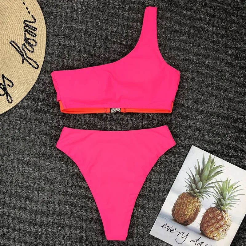 2019 сексуальные розовые красные бикини на одно плечо с высокой талией купальники
