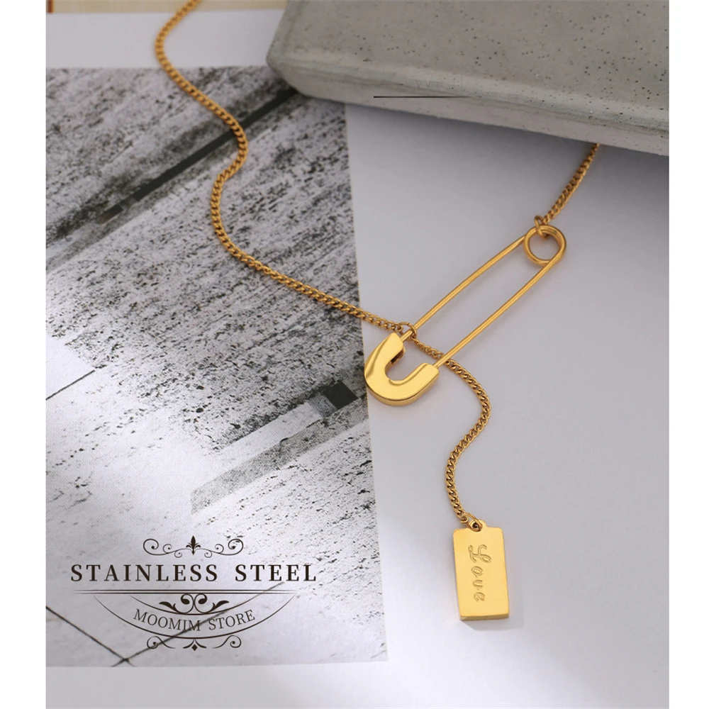 

Statement 18 K Metal Pin Long Chain Necklace Stainless Steel Collar Stylish Necklace High Quality Fashion Women Jewelry 2021