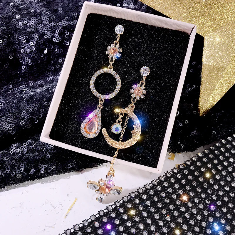 

Wholesale Sterling Silvers Needle Orange Crystal Gemstone Earrings Moon Asymmetric Stars Stud for Women Dropshipping