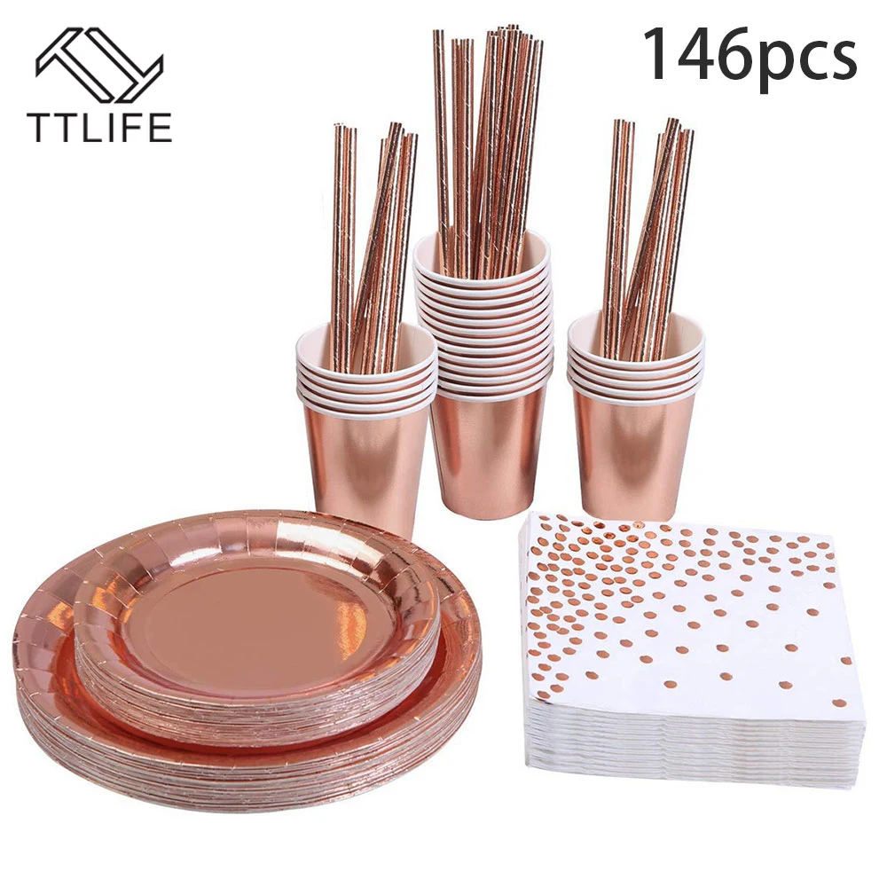 146 шт Вечерние одноразовые столовые приборы цвета розового золота шампанского