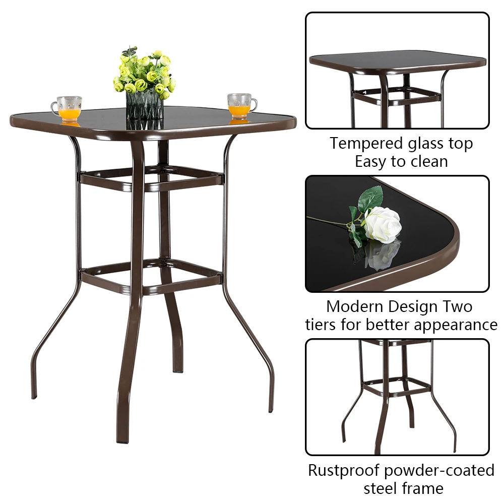 

BUYTOO Wrought Iron Glass High Bar Table Patio Bar Table Brown