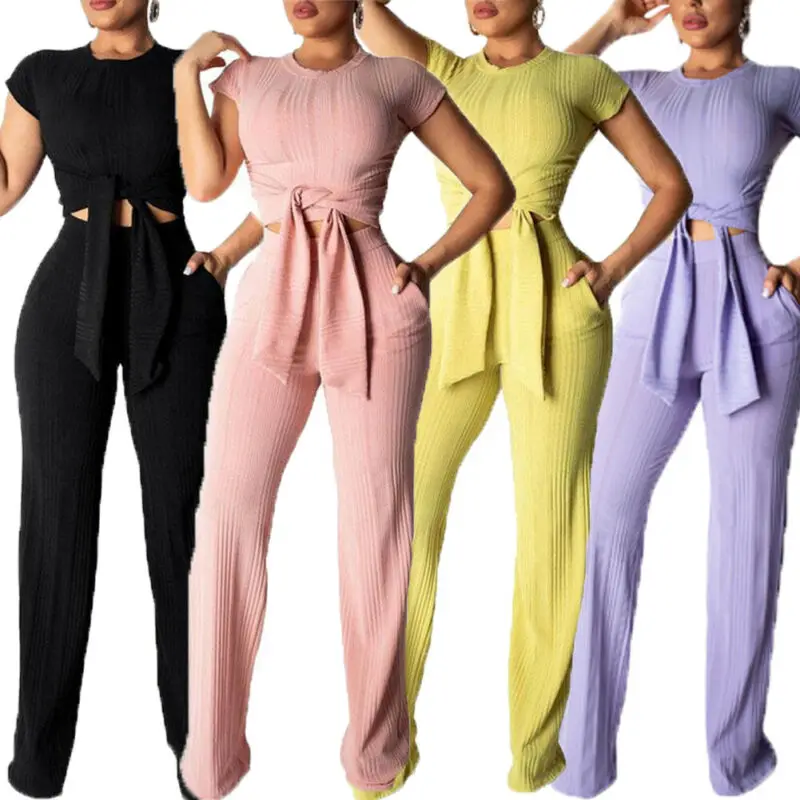 Женский комбинезон на шнуровке короткий топ с расклешенными штанами однотонный