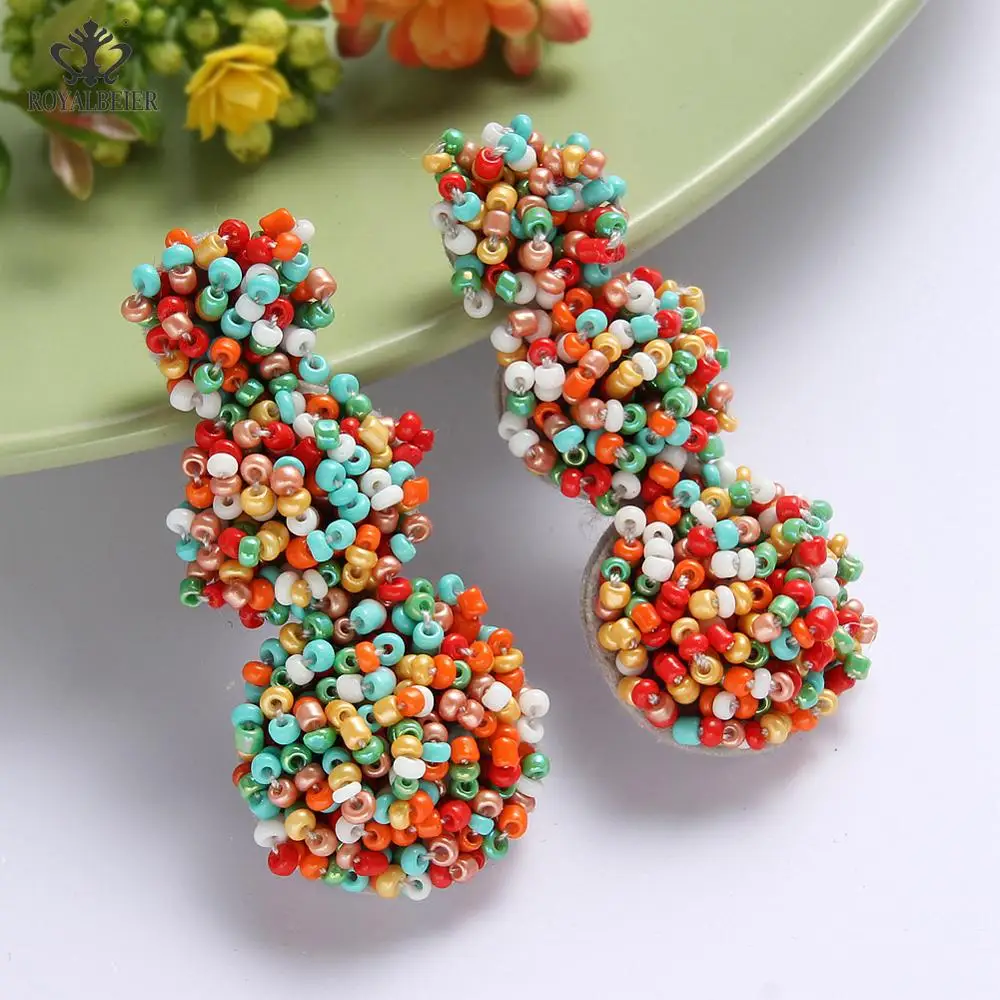 ROYALBEIER Bohemia Jewelry Multicolor Rainbow Ball Long Statement Hanging Earring Handmade Beaded Tassel Gifts Fashion Earings | Украшения