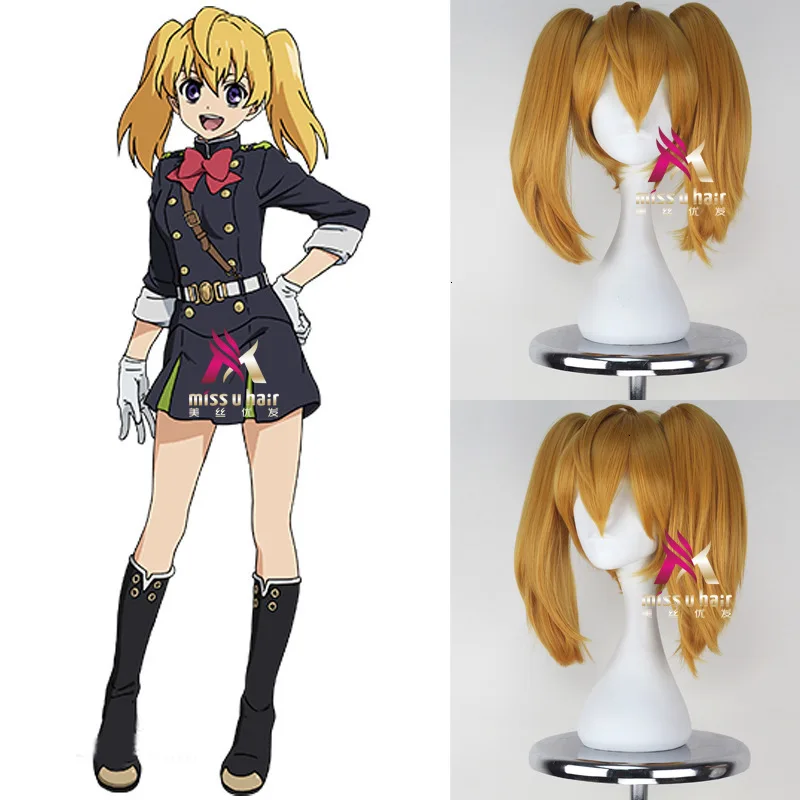 

party halloween Mitsuba Sangu Seraph of the end Wigs Gold Heat Resistant Synthetic Hair Perucas Cosplay Wig + Wig Cap