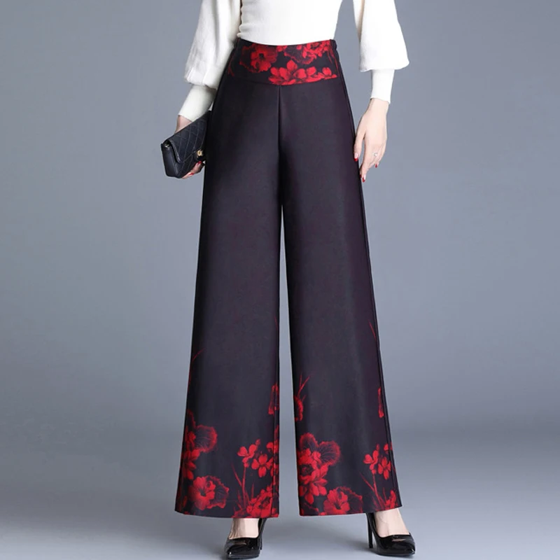 Брюки женские с широкими штанинами жаккардовые свободные прямые утепленные