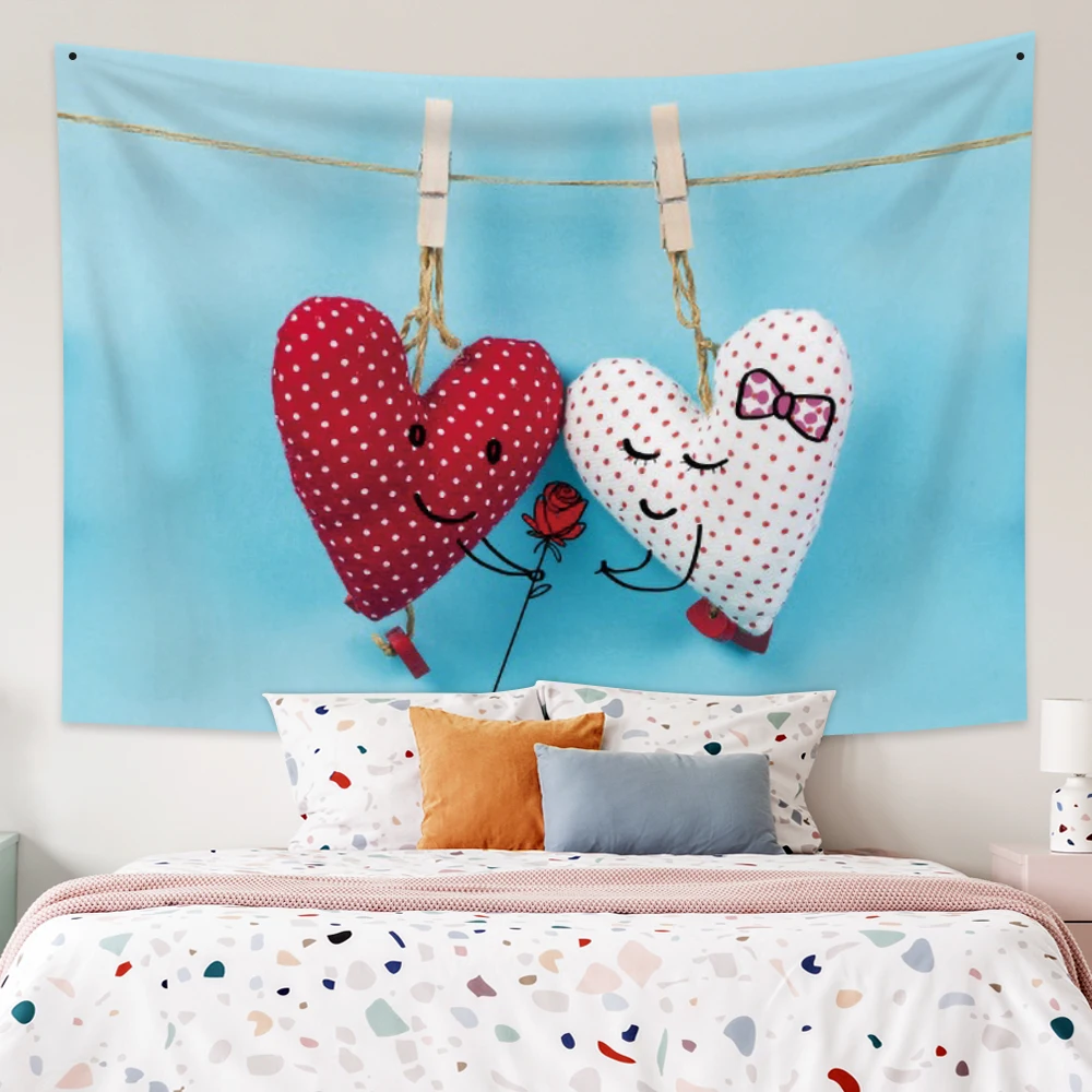 

Гобелен на День святого Валентина, настенное одеяло с рисунком двух сердец для спальни, романтическое украшение для пары, коврик для пляжа и...