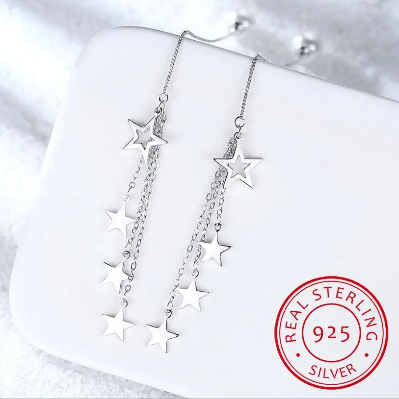 

Модные серьги-подвески из настоящего серебра 925 пробы, волнистая цепь со звездами для женщин, ювелирные изделия из стерлингового серебра