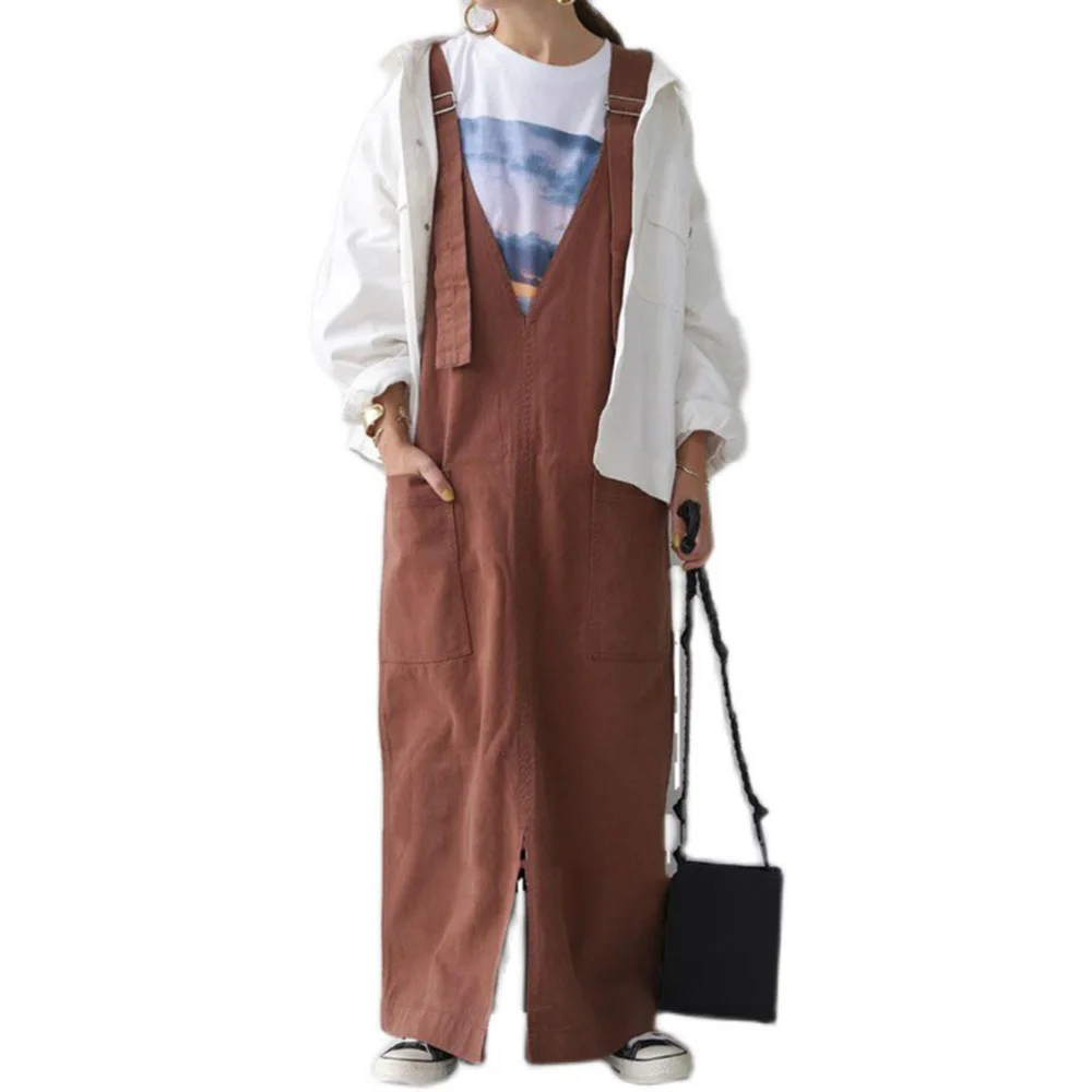 

2021 Dress Spring Autumn New Lazy High Waist Super Long Loose Large Size Wide Leg One-piece Strap Dress Women Solid Color