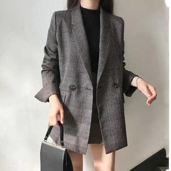

ICCLEK JXMYY Spring and autumn jacket ladies suit plaid jacket outer wear casual lapel runway overalls office jacket blazer ladi